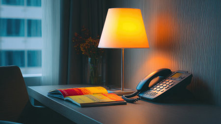 Cozy business corner in hotel room with table lamp, notepad, and telephoneの素材