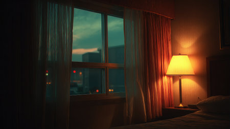 Evening ambiance in hotel room with curtain drawn and bedside light illuminating spaceの素材
