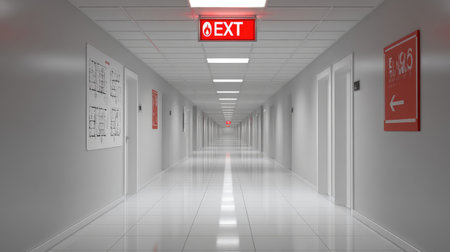 Floor plan map and fire exit sign on clean hotel corridor wallの素材