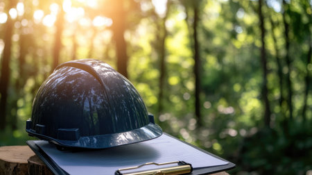 Hard hat with reflective tape placed on top of work order clipboardの素材