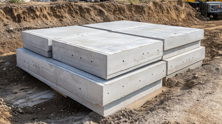 Precast concrete panels stacked beside site awaiting installation into structural designの素材