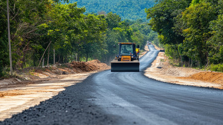 Motor grader smoothing freshly poured road under highway development projectの素材