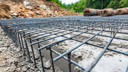Precast concrete slabs and rebar bundles lined up beside large pit awaiting placementの素材