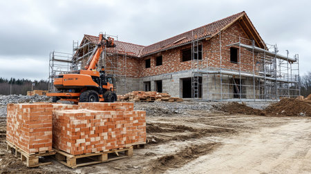 Telehandler raising pallet of bricks beside scaffolded building under constructionの素材