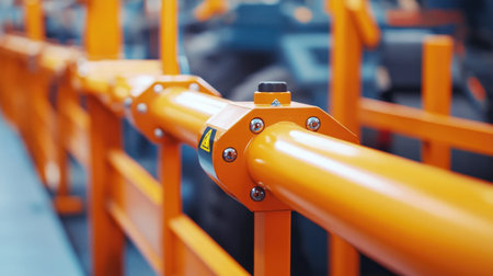 Safety barriers and guardrails installed around heavy machinery with warning labelsの素材