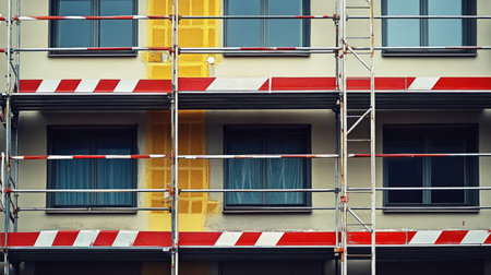 Scaffolding surrounds an unfinished building faade with temporary barriers and caution tape belowの素材