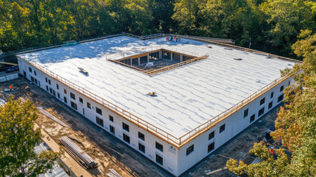 Roof panel installation in progress with insulation sheets visible on multi-unit projectの素材