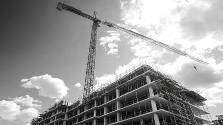 Partially completed floors and towering crane reaching into tranquil skyの素材