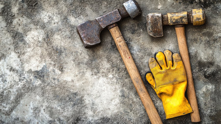 Set of heavy-duty construction hammers and gloves on concrete floorの素材
