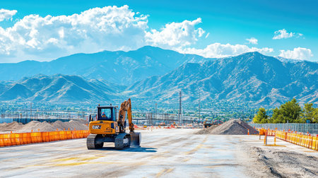 Wide view of road construction site with bulldozers, orange barriers, and piles of gravel on highway expansionの素材