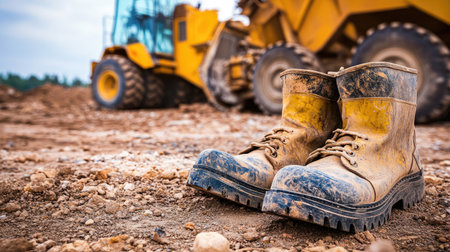 Steel-toe boots and protective gloves resting on site floor near equipmentの素材