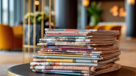 Folded newspapers and business magazines stacked in hotel business loungeの素材