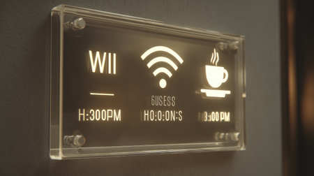 Guest information panel displaying Wi-Fi login and business service hoursの素材