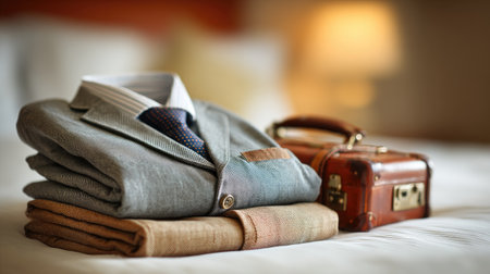 Folded suit jacket on a hotel bed next to tie and briefcase, symbolizing business preparationの素材