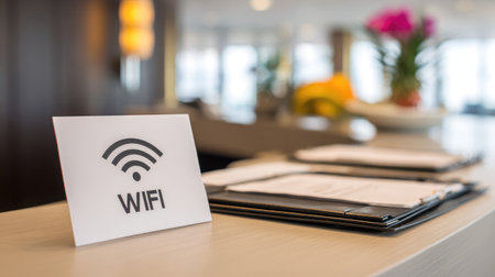 High-speed Wi-Fi sign and login instructions at business hotel deskの素材