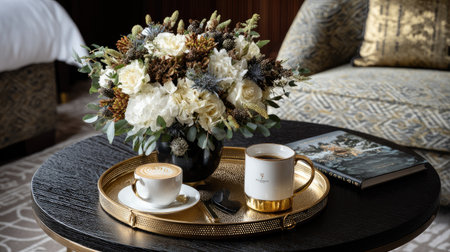 Fresh flowers and welcome drink tray set on hotel suite coffee tableの素材