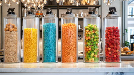 Hotel buffet breakfast counter with cereal dispensers, juices, and pastriesの素材
