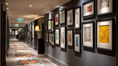 Hotel corridor corner with art frames, fire safety panel, and hallway lightsの素材