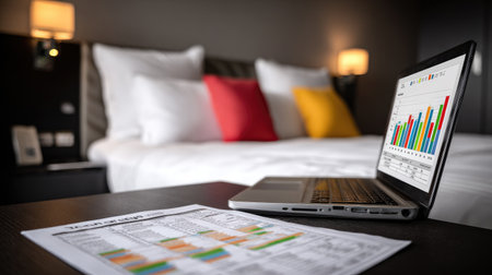 Hotel bed with laptop and financial report displayed on screenの素材