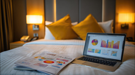 Hotel bed with laptop and financial report displayed on screenの素材