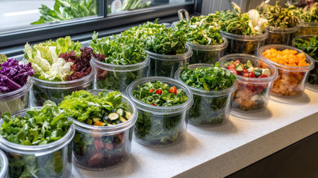 Hotel restaurant salad bar with fresh greens, toppings, and chilled containersの素材