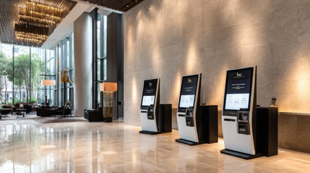 Hotel lobby with modern check-in kiosks, digital screens, and minimalist dcorの素材