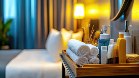 Hotel housekeeping cart stocked with mini toiletries, toilet paper, and disinfectantsの素材