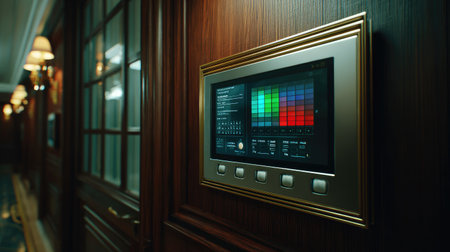 Hotel room control panel with touchscreen interface for lighting and work modeの素材