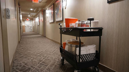 Hotel staff service cart in hallway with linen and amenities for room prepの素材