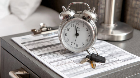 Hotel room nightstand with alarm clock, conference schedule, and room keyの素材