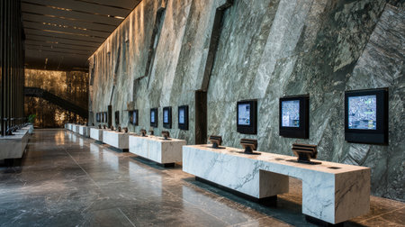 Modern hotel lobby with digital check-in counters, polished stone walls, and abstract art installationsの素材