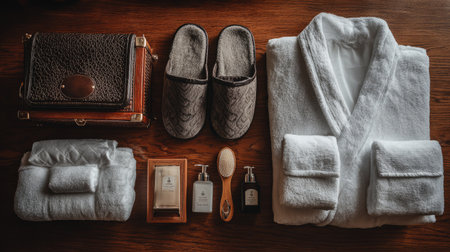 Folded towels, slippers, and toiletries placed on bed in hotel suiteの素材