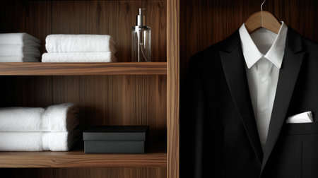 Ironed suit hanging in open hotel wardrobe with clean, modern linesの素材