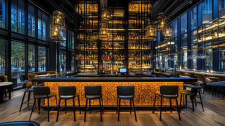 Modern hotel bar and restaurant with backlit shelves and barstools aligned in a rowの素材