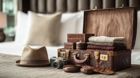 Open suitcase on hotel bed with travel essentials packed and readyの素材