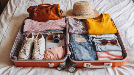 Open suitcase on hotel bed with travel essentials packed and readyの素材