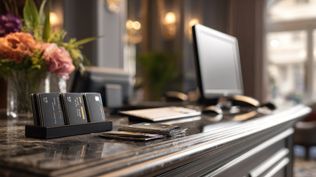 Modern hotel reception counter with desktop computer, room key cards, and clean designの素材