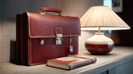 Open briefcase and tablet placed on hotel work desk under soft lightingの素材