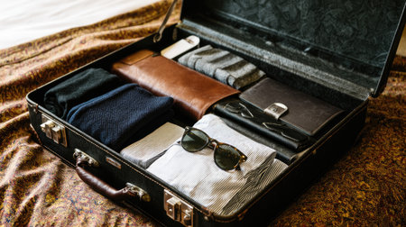 Open suitcase on hotel bed with travel essentials packed and readyの素材