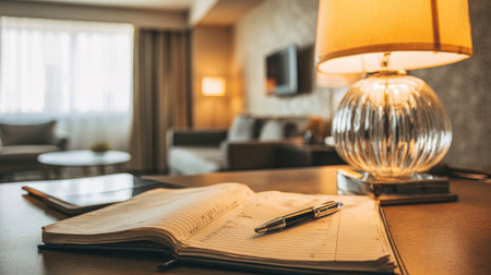Open planner and pen on work desk in hotel room with ambient lightingの素材