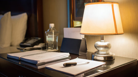 Organized work desk in hotel room with notepad, pen, and documents under a warm desk lampの素材