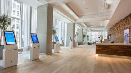 Modern hotel lobby with touchscreen check-in kiosks, sleek reception counters, and clean designの素材