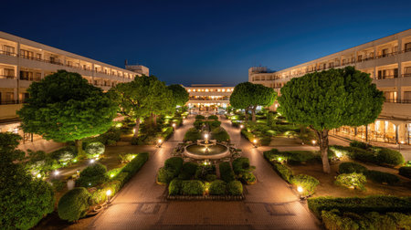 Night view of resort with illuminated paths, garden lights, and calm ambianceの素材