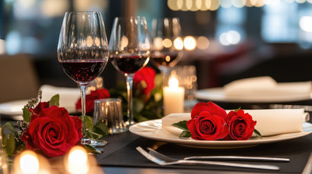 Romantic dinner setup in hotel restaurant with candles, wine glasses, and rosesの素材