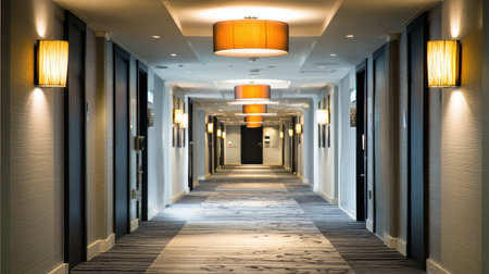 Quiet business hotel corridor with minimalist lighting and professional decorの素材