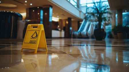 Polished floor tiles in hotel lobby with wet floor sign and gleaming surfaceの素材