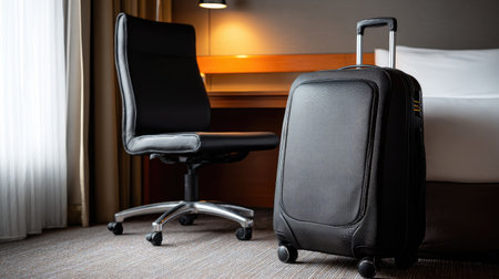 Sleek black rolling luggage placed beside office desk in a hotel roomの素材