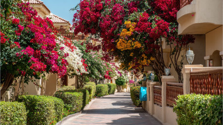Scenic garden path leading to resort villas with blooming flowers and manicured hedgesの素材