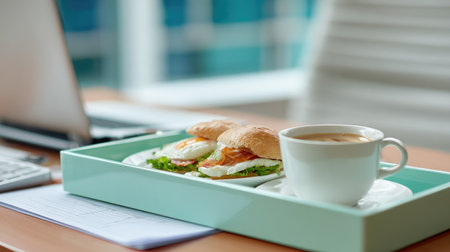 Tray with coffee and breakfast sandwich on business room work deskの素材
