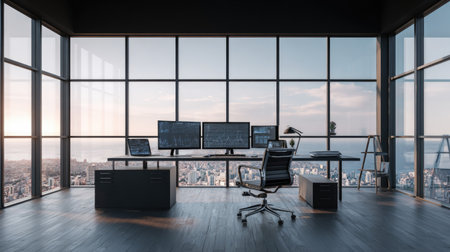 Workspace with dual monitors and adjustable chair in hotel business centerの素材